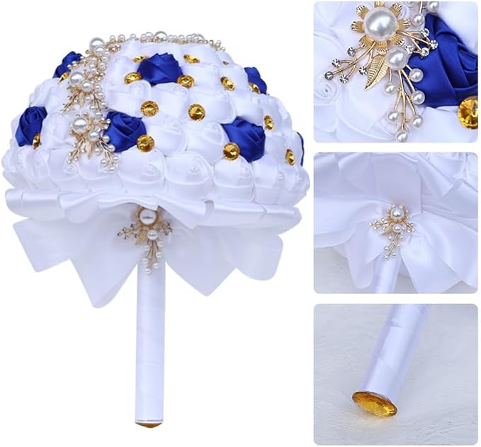 Bridal Wedding Bouquet with Golden Rhinestone Brooch Bouquet for Bride Bridesmaid Quinceanera Satin Rose Flower Bouquet Wedding Royal Blue and White 9.5in