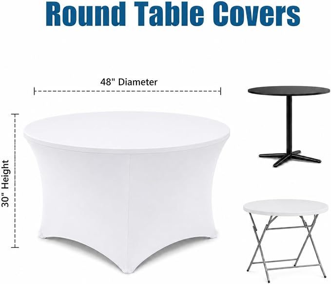 Round Table Covers - 6 Pack 48x30 Inch Table Cloth - White Fitted Stretch Spandex Round Tablecloth for Party, Vendor, Birthday, Booth, Banquet