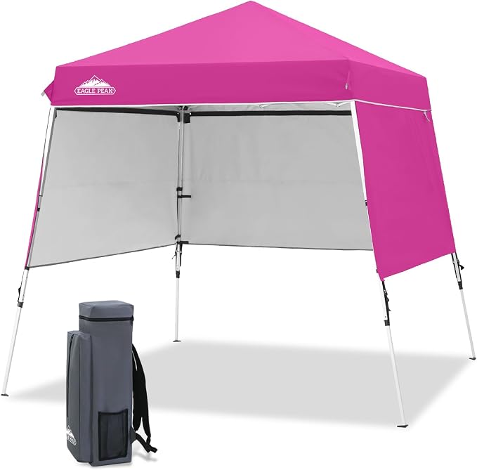 EAGLE PEAK Day Tripper 8x8 Aluminum Super-Lightweight Slant Leg Pop Up Canopy with 3 Removable Walls, Instant Outdoor Backpack Canopy Tent, Outside Beach Folding Sun Shelter, 8x8 Base 6x6 Top, Pink