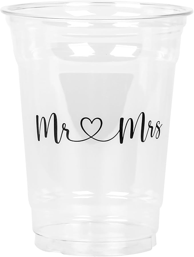 AimFun 50Pcs Mr and Mrs Plastic Cups Wedding Bridal Shower Disposable Party Cups Wedding Reception 12oz Clear Drinking Cup for Anniversary Birthday Party Supplies Decorations (50, Black)