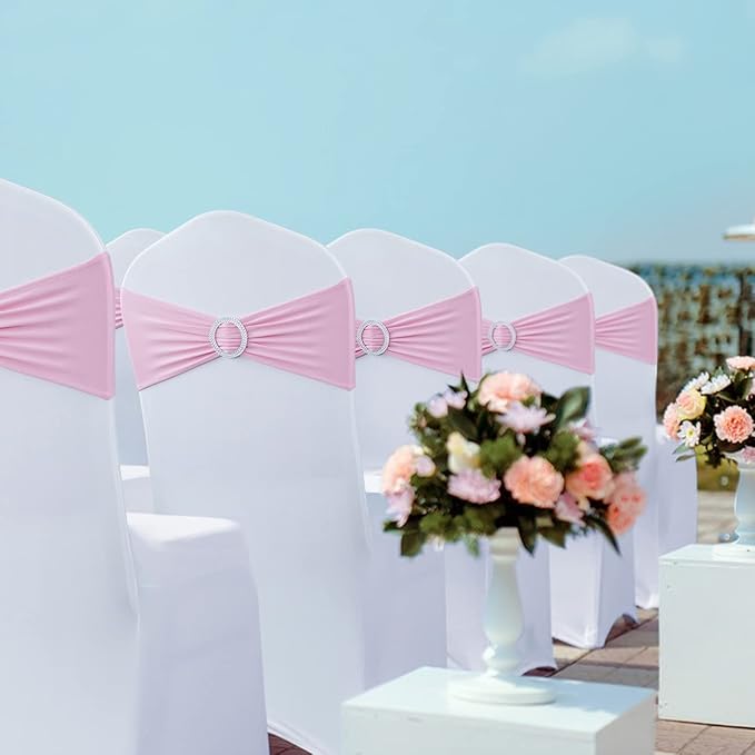 Spandex Chair Sashes Bows - Babenest 100PCS Premium Stretch Chair Cover Band with Buckle Slider Universal Elastic Chair Ties for Wedding Party Ceremony Reception Banquet Decoration (Pink)