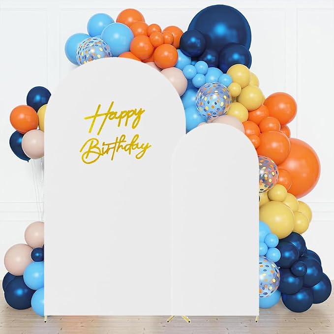 HAINARverS 6FT/7.2FT White Arch Backdrop Cover Spandex with Glitter Gold Happy Birthday Sign for Wedding Birthday Party Ceremony Banquet Decoration(White)