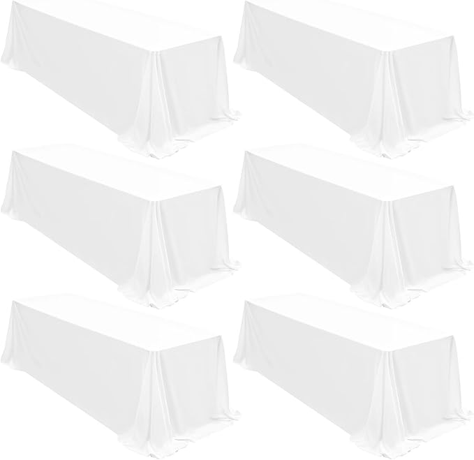 6 Packs Tablecloth 90 x 156 Inch, White Polyester Table Cloth for 8ft Rectangle Tables, Stain and Wrinkle Resistant Washable Fabric Table Cover for Wedding Banquets Parties Buffet Dining Table