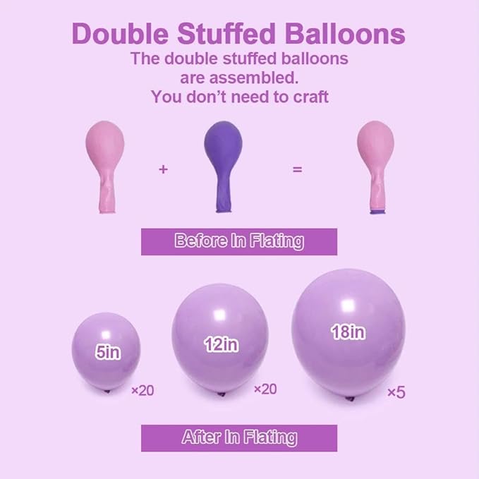 Purple Balloon Garland Double Stuffed Lavender Lilac Macaron Balloons Different Sizes 18/12/5 Inch Latex Pastel Balloons Arch Kit for Birthday Wedding Baby Shower Butterfly Princess Party Decoration