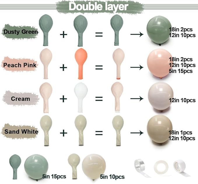 Dusty Green Pink Balloon Garland Double Stuffed Blush Pink Cream Sage Green Peach Sand White Balloon Arch Kit for Baby Bridal Shower Wedding Birthday Spring Party Decoration