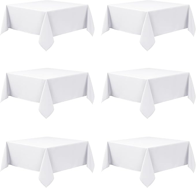 6-Pack White Tablecloths for Square Tables, 54 x 54 Inches, Stain-Resistant Polyester Fabric for 2 Foot Tables - Washable Table Covers for Weddings, Banquets, Birthday Parties, Events