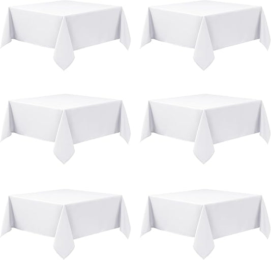 6-Pack White Tablecloths for Square Tables, 54 x 54 Inches, Stain-Resistant Polyester Fabric for 2 Foot Tables - Washable Table Covers for Weddings, Banquets, Birthday Parties, Events