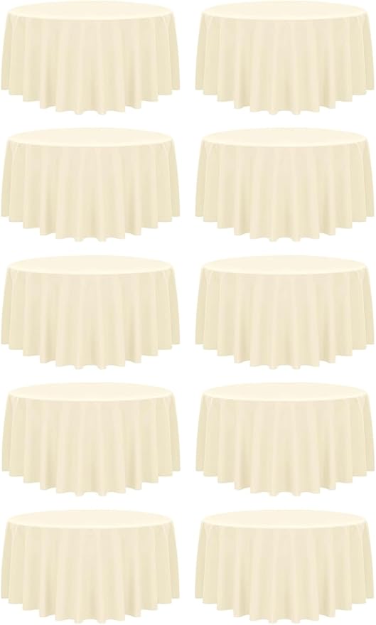 10 Pack Ivory Round Table Cloths, 90 inch Polyester Fabric, Wrinkle Resistant, Machine Washable, Perfect for Weddings, Parties, Everyday Use