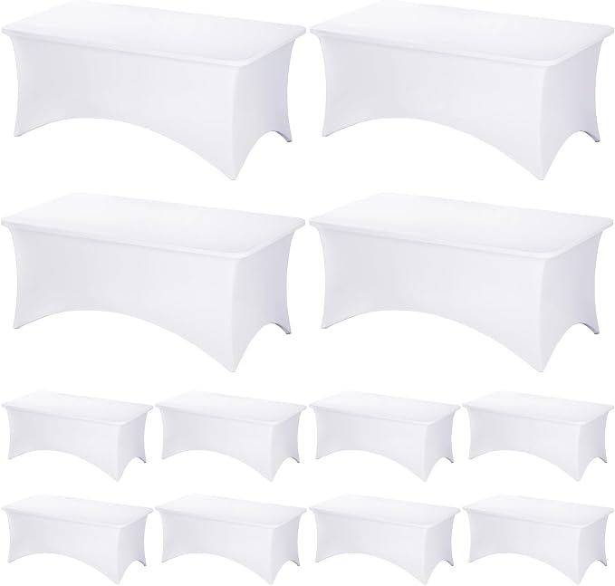 Fixwal 12 Pack White Tablecloth Rectangle 6Ft, Stretch Spandex Fitted Table Cover for Party, Trade Show, Wedding, Buffet, Graduation, Vendor Stand