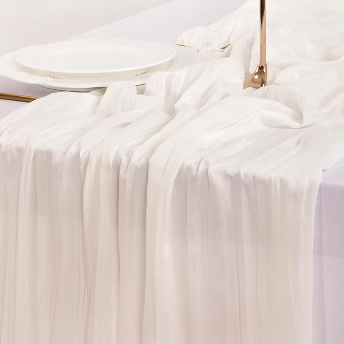 Socomi 3pcs Ivory White Cheesecloth Table Runner Summer Boho Rustic Gauze 120 inch 10FT Cheese Cloth Sheer Runner for Wedding Party Baby Shower Birthday Home Decor Holiday Decorations