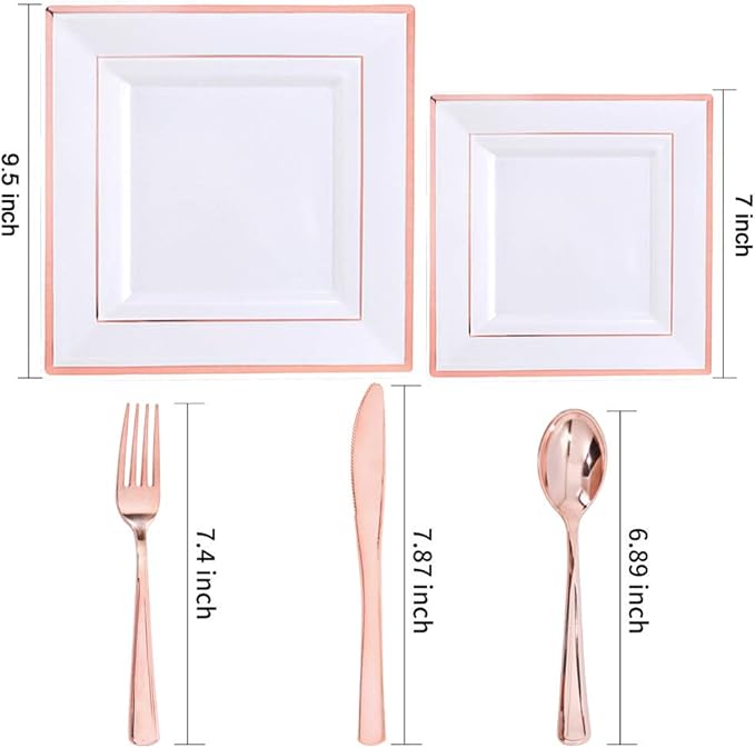 WDF 125pcs Rose Gold Plates with Disposable Silverware - Plastic Plates Dinnerware Include 25Dinner Plate,25 Salad Plate,25 Forks,25 Knives,25 Spoons for Wedding Party Birthday Mother's Day