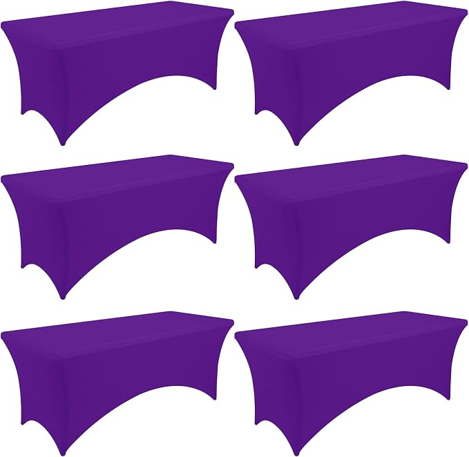Moosfor Spandex Elastic Fitted 8FT Rectangle Tablecloth 6 Pack, Stretch Washable Reusable Table Cover for Outdoor Picnic, Dining, Wedding, Banquet & Party Events (Purple, 96Lx30Wx30H Inch)