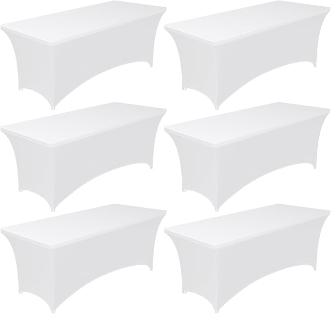 Pureegg Spandex Tablecloth 8ft - 6 Pack, Fitted and Stretch Table Cover for Rectangle Tables, Wrinkle-Resistant and Secure Fabric for Outdoor, Picnic, Party, Wedding, Banquet and Birthday, White