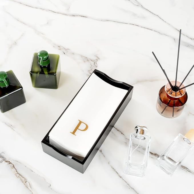 Luxenap 15.8 X 7.9 Inch Linen-Feel Guest Towels, 50 Lettered Hand Towels - Gold Letter 'P', Sans Serif Font, White Paper Dinner Napkins, airlaid, For Restrooms And Tables