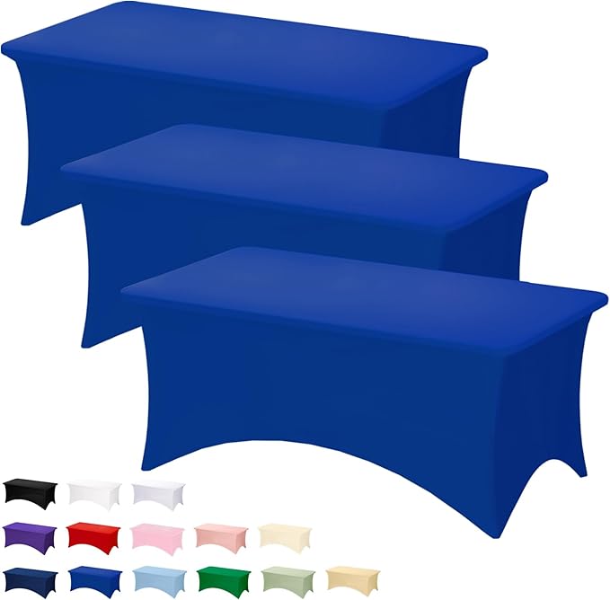 Fixwal 3 Pack Royal Blue Tablecloth Rectangle 6FT, Stretch Spandex Fitted Table Cover for Party, Trade Show, Wedding, Buffet, Graduation, Vendor Stand