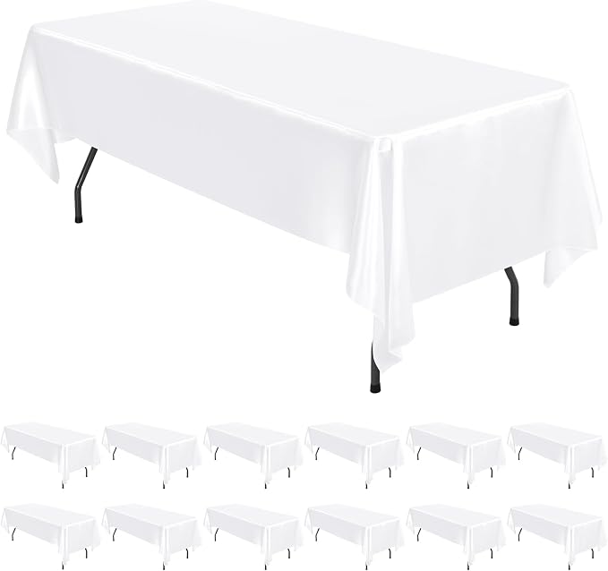12 Pack White Satin Tablecloth, 57 x 108 Inch Silky Satin Table Cloth, Rectangle Bright Silk Tablecloth Smooth Fabric Table Covers Overlay Silky Table Decoration for Wedding Party Banquet Birthday