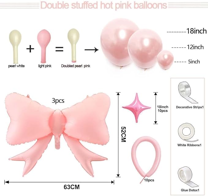 Pearl Pink Balloons Light Pink Balloon Arch With Foil Bow Balloon 4 Corner Star Long Balloons for Birthday Bow Princess Baby Shower Bridal Shower Sweet Girls Party Decorations