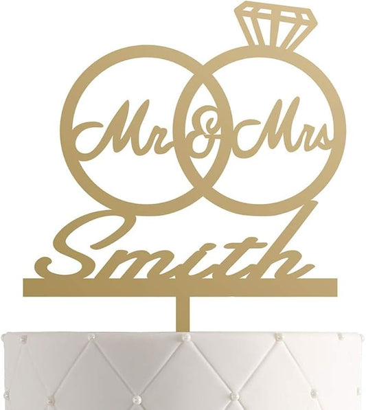 Personalized Mr. & Mrs. Wedding Cake Topper – Custom Bride & Groom Cake Decoration – Elegant Wedding Décor, Anniversary, Engagement Party (Design 1 (IND107), Gold Mirror)