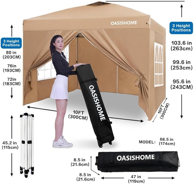 OASISHOME Pop-up Gazebo Instant Portable Canopy Tent 10'x10', with 4 Sidewalls, Windows, Wheeled Bag, for Patio/Outdoor/Wedding Parties and Events (10FTx10FT, Khaki)
