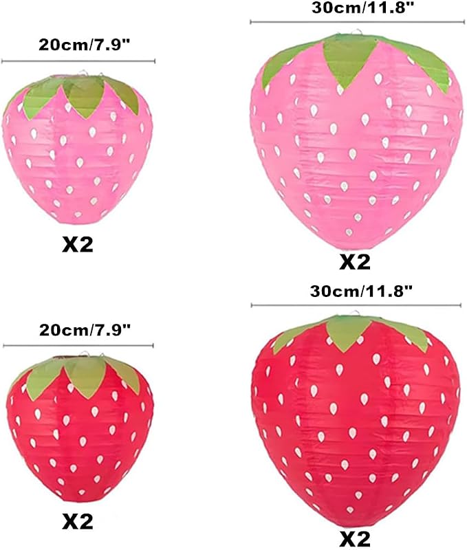 Folding Strawberry Paper Lantern Reusable Hanging Ornament Lamp Cover for Fruit Theme Birthday Party Decoration Supplies (8 and 12 inches;8pcs)