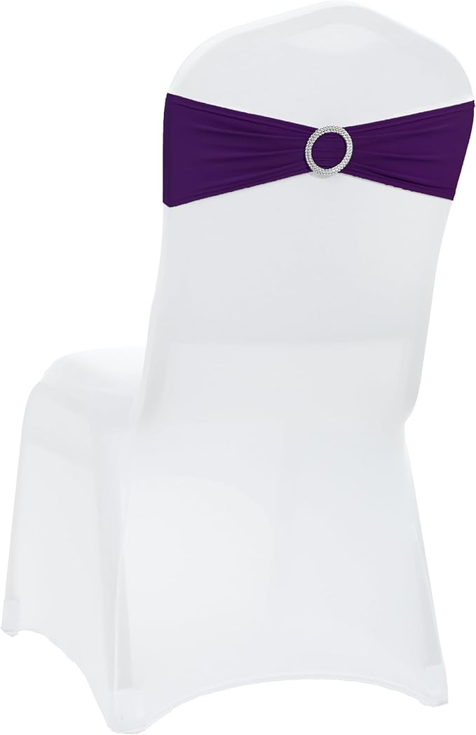 VDS - Purple | Spandex Chair Sashes Bows | 50 PCS | Stretch Elastic Banquet Universal Folding Chair Band Tie with Silver Buckle Slider for Wedding Party Conference Celebration Event Decoration