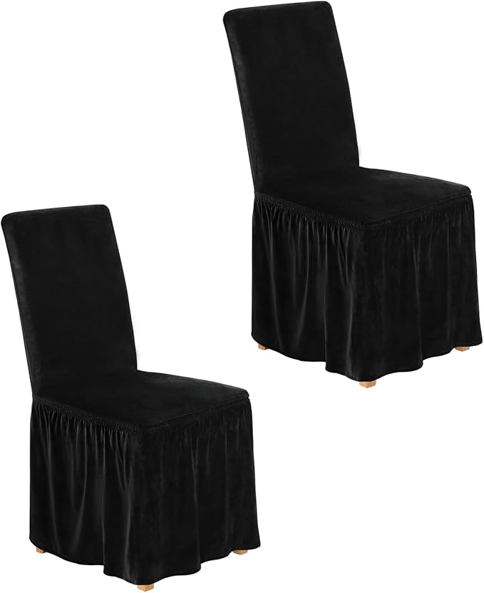 NICEEC Spandex Chair Covers for Dining Chairs Covers Set of 2 Removable Dining Room Chair Covers with Skirt Parson Chair Slipcovers Washable Chair Protector for Kitchen Wedding Party Banquet(Black)