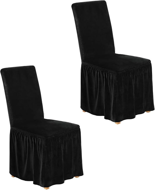 NICEEC Spandex Chair Covers for Dining Chairs Covers Set of 2 Removable Dining Room Chair Covers with Skirt Parson Chair Slipcovers Washable Chair Protector for Kitchen Wedding Party Banquet(Black)