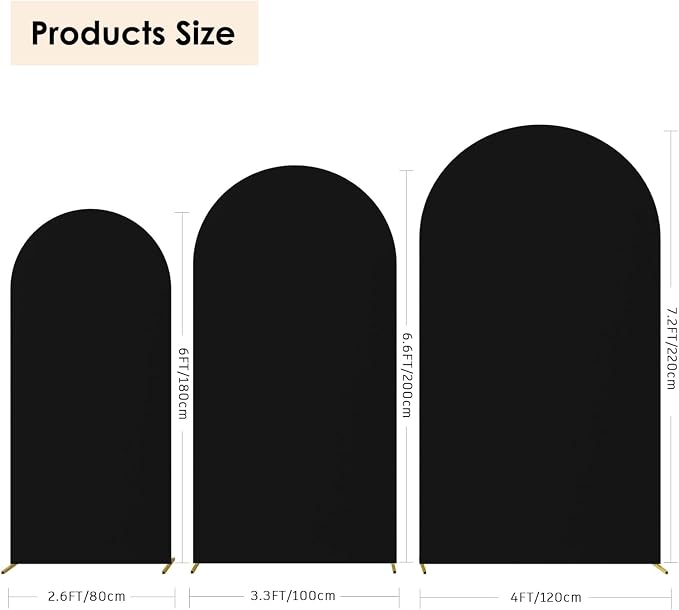 HAINARverS Set of 3 Wedding Arch Cover 6FT,6.6FT,7.2FT Spandex Fitted Stretchy Arch Stand Covers,2 Sided Round Top Chiara Backdrop Cover Banquet Baby Shower Arch Decoration(Black)