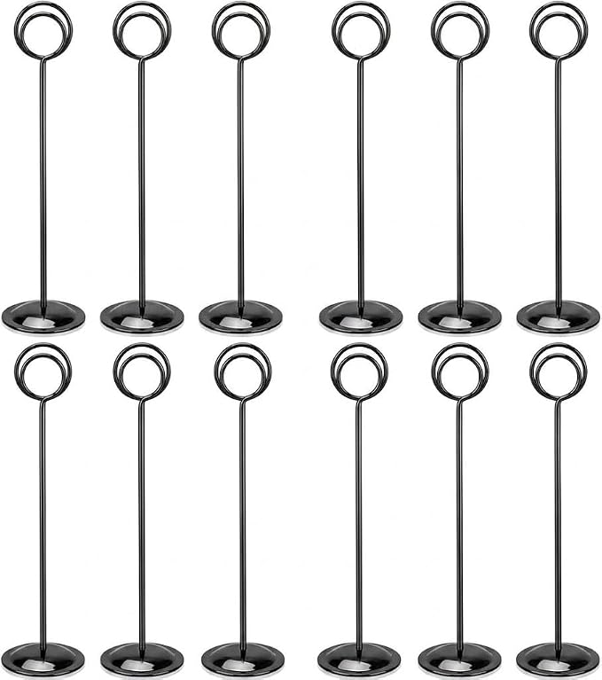 HOHIYA 12 Pack Black Table Number Holders 12" Wedding Place Card Stands | Stable metal stands display table numbers, menus, photos and reserved signs for weddings, restaurants and special events.