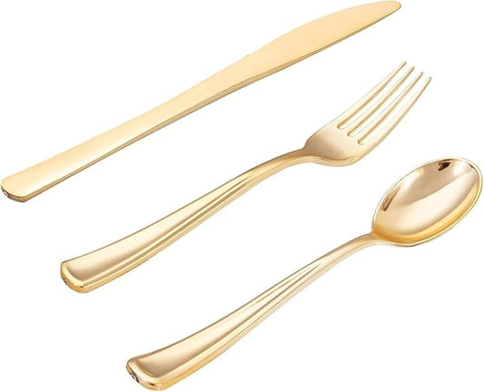 WDF 500PCS Gold Plastic Silverware Set Disposable - Gold Cutlery Set Plastic - 250Forks, 125 Spoons, 125 Knives for Party Baby Shower Wedding Spring
