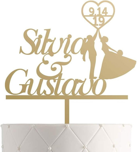 Personalized Mr. & Mrs. Wedding Cake Topper – Custom Bride & Groom Cake Decoration – Elegant Wedding Décor, Anniversary, Engagement Party (Design 2 (IND102), Gold Mirror)