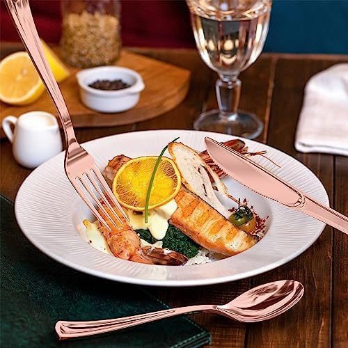 Exquisite Rose Gold Plastic Spoons Heavy Duty 160 Pieces Rose Gold Plastic Silverware Heavy Duty Disposable Silverware Set, Disposable Spoons Eating Utensils Sets Flatware Set For Parties