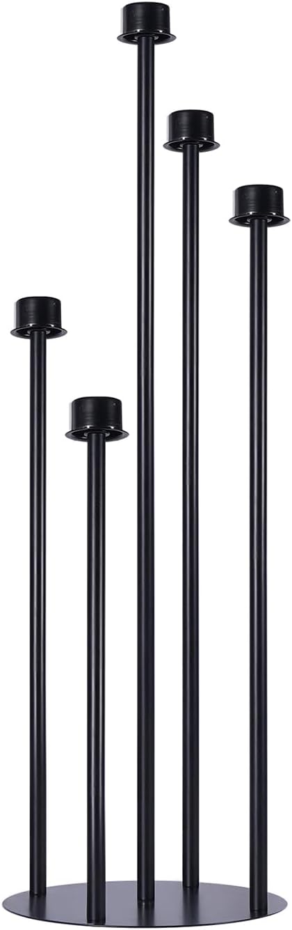 Black Candelabra with Glass Cylinders for Real Candles 5 Head Metal Candle Holder Wedding Centerpiece Ceremony Reception Event Party Home Decoration (1, L)
