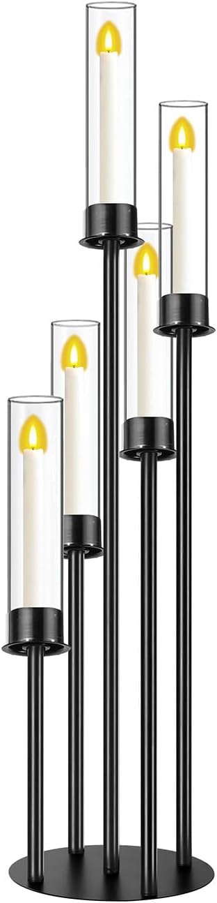 Black Candelabra with Glass Cylinders for Real Candles 5 Head Metal Candle Holder Wedding Centerpiece Ceremony Reception Event Party Home Decoration (1, M)
