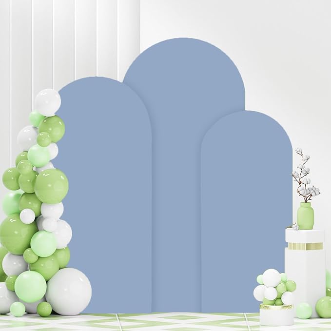 FANPROMS Set of 3 Wedding Arch Cover 6FT 6.6FT 7.2FT Dusty Blue Round Top Spandex Arch Stand Cover Fitted Fabric Balloon Arched Covers for Birthday Party Stretchy Arch Covers Decoration