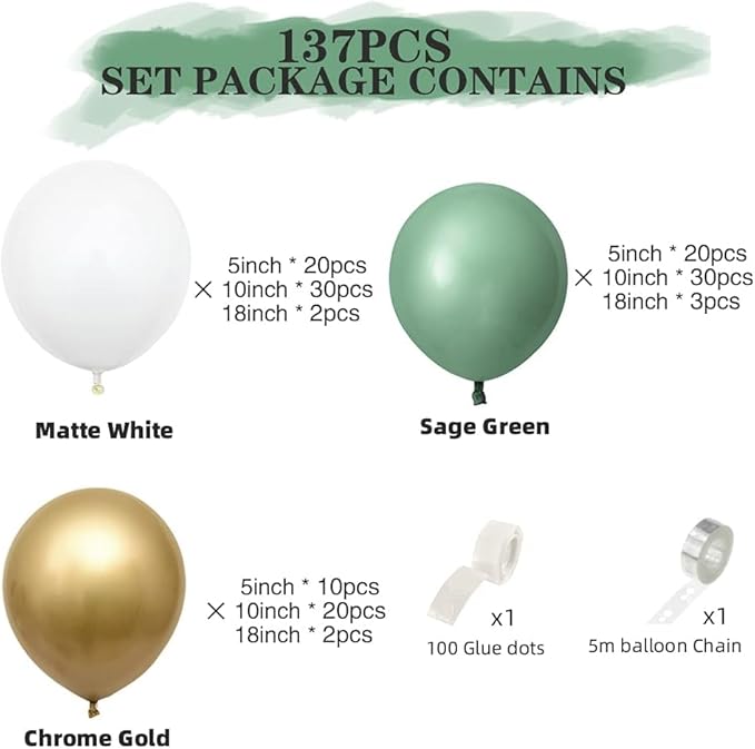 AFTERLOON® Biodegradable Balloons 138pcs Sage Green Different Sizes 18" 12" 10" 5" Balloon Garland Arch Kit perfect for Birthday Party Decorations, Graduation, Baby Shower, Wedding and Anniversary