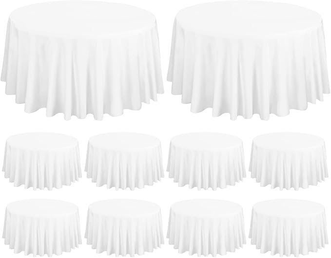 Fani 10 Pack 120 Inch Round White Polyester Tablecloth, Wrinkle & Stain Resistant, Perfect for 8ft Round Table, Wedding, Banquet, Birthday Parties