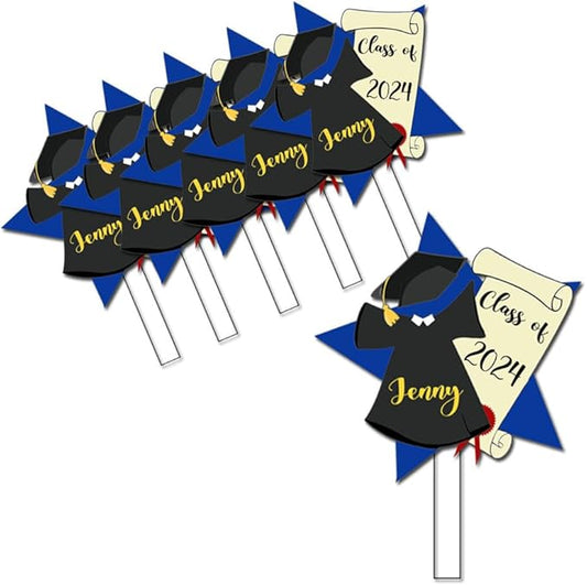Graduation Class of 2024 Cupcake Toppers - Cap and Gown Blue Star - Student or School Party Theme Cake Accessories - 12 Piece Set