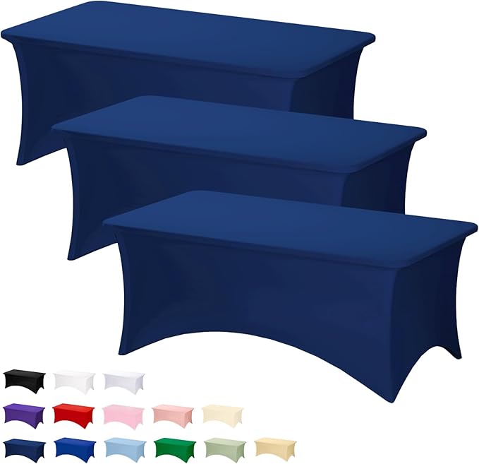 Fixwal 3 Pack Navy Blue Tablecloth Rectangle 6Ft, Stretch Spandex Fitted Table Cover for Party, Trade Show, Wedding, Buffet, Graduation, Vendor Stand
