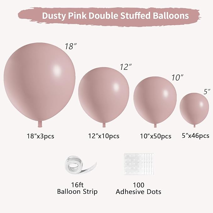 Dusty Pink Double Stuffed balloons Different Size 115Pcs 5/10/12/18 Inch Dusty Rose Matte Pink Balloons Garland Arch kit for Boho Birthday Baby Shower Bridal Shower Wedding Baptism Party