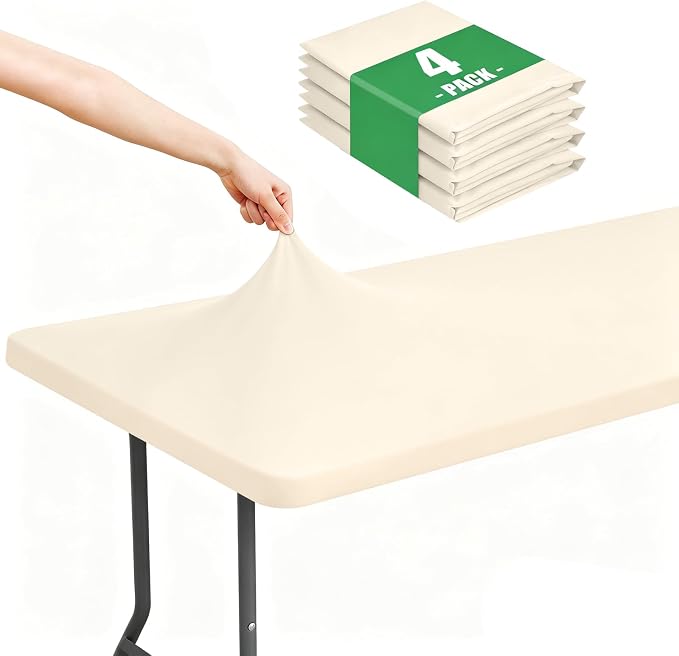Moosfor Spandex 5 Foot Rectangle Table Cloth 4 Pack, Elastic Fitted Tablecloths for Picnic, Stretch Washable Patio Table Cover for Outdoor, Camping, Banquet and Parties (Ivory, 30"x60")