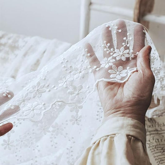 49 inches Width Floral Embroidery Lace Fabric Curtain Veil Wedding Lace Fabric (1 Yard Connected)