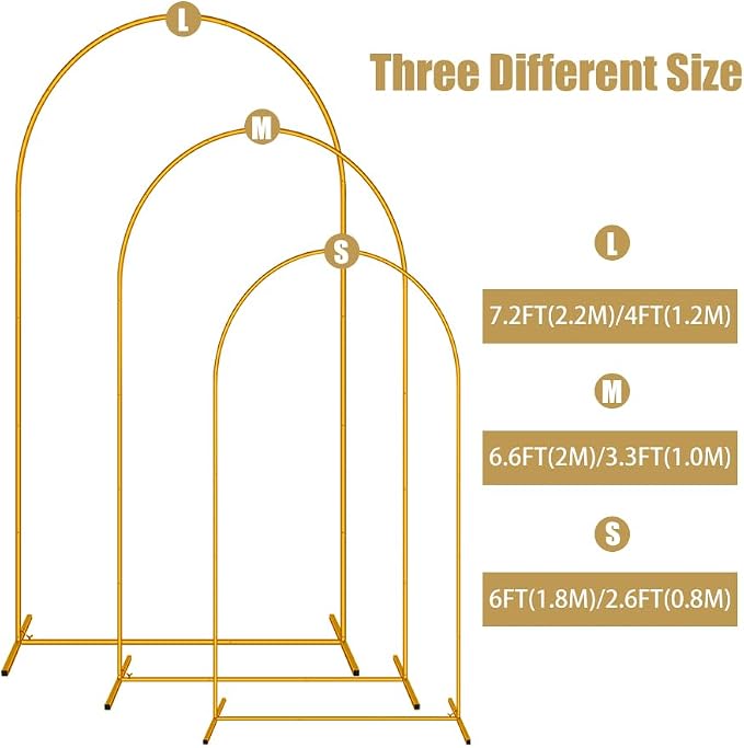 3 Pack Arch Backdrop Stand (7.2FT/6.6FT/6FT), Gold Balloon Arch Stand, Easy Assembly Arch Stand for Birthday Party Decoration