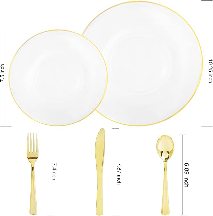 Nervure 125PCS Clear Gold Plastic Plates - Clear Plastic Plates with Gold Rim Include 25 Dinner Plate, 25 Dessert Plate, 25 Forks, 25 Knives, 25 Spoons for Wedding & Party & Thanksgiving