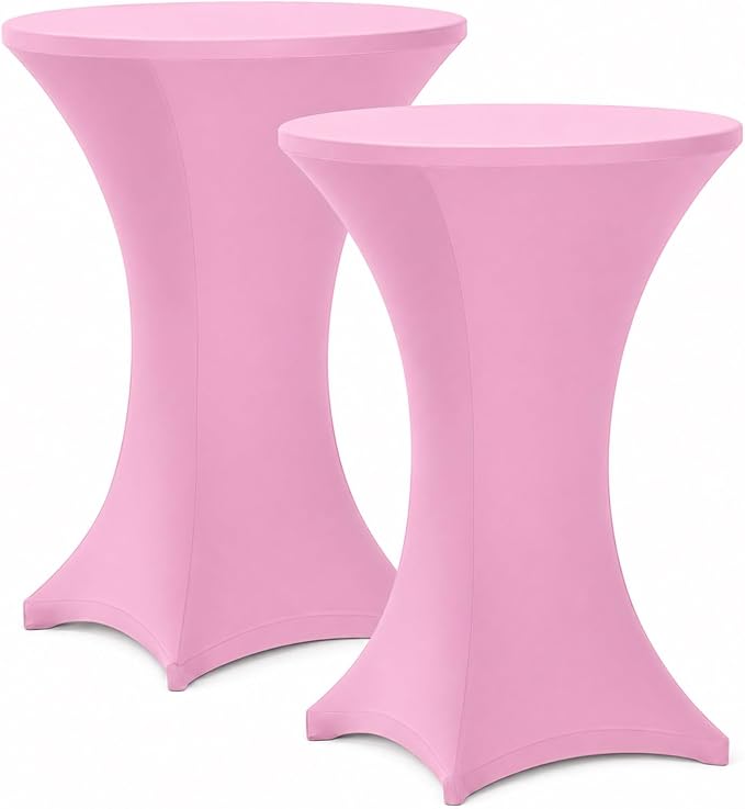 Cocktail Table Covers - 2 Pack 32x43 Inch Table Cloth - Pink Fitted Stretch Spandex Round High Top Tablecloth for Party, Bar, Birthday, Pub, Banquet
