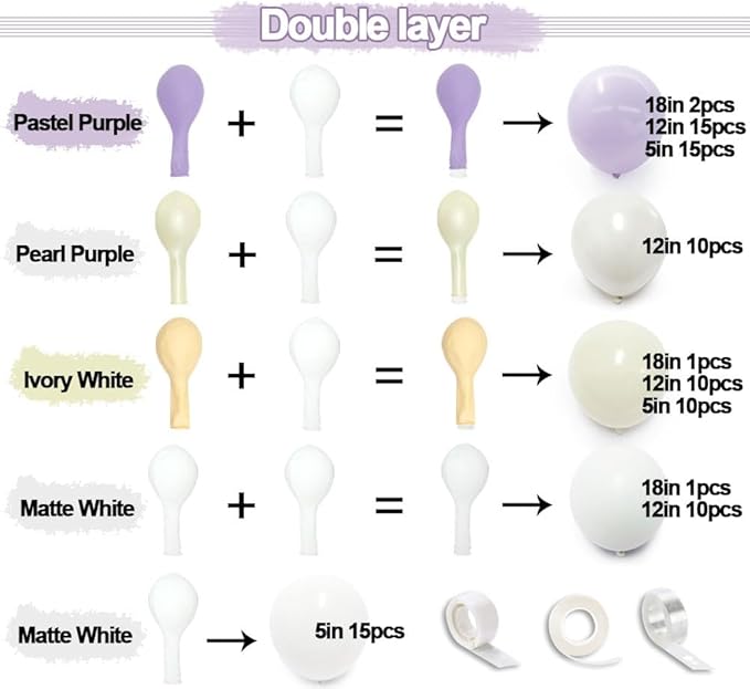 Pastel Purple White Balloon Garland - Double Stuffed Lavender Light Purple Cream Balloon Arch Kit Pearl Lilac White Ivory Color for Birthday Baby Shower Bridal Wedding Butterfly Fairy Party Decor