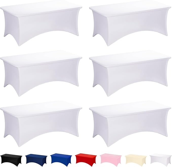 Fixwal 6 Pack White Tablecloth Rectangle 8Ft, Stretch Spandex Fitted Table Cover for Party, Trade Show, Wedding, Buffet, Graduation, Vendor Stand
