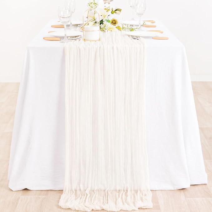 MLMC Ivory White Table Runner Rustic Gauze Cheesecloth Table Runner 10ft Cheese Cloth Centerpiece Decor 35x120 Inches for Dessert Anniversary Wedding Bridal Baby Shower Decor