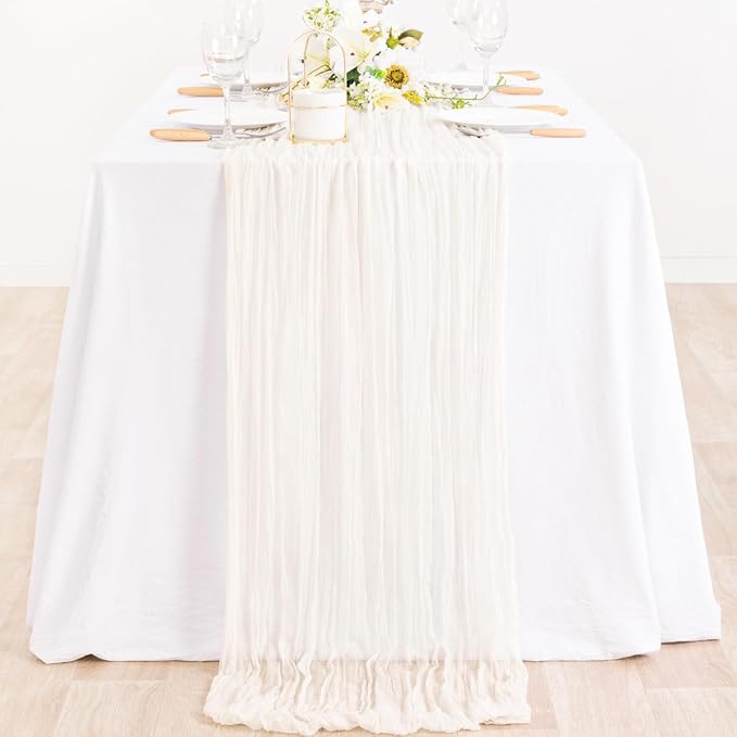 MLMC Ivory White Table Runner Rustic Gauze Cheesecloth Table Runner 10ft Cheese Cloth Centerpiece Decor 35x120 Inches for Dessert Anniversary Wedding Bridal Baby Shower Decor