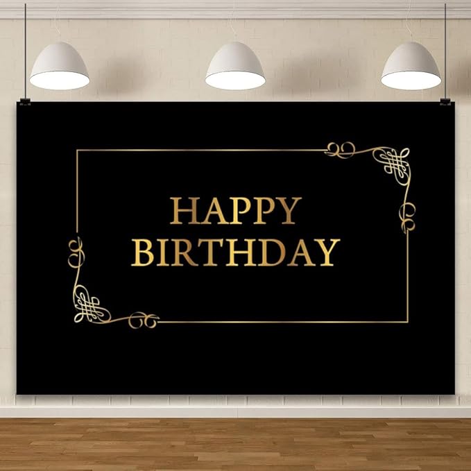 YongFoto Happy Birthday Backdrop 10x8ft Royal Black Gold Nordic Style Photography Background Kids Adult Birthday Party Cake Table Banner Decorations Photoshoot Portraits Photo Studio Booth Props